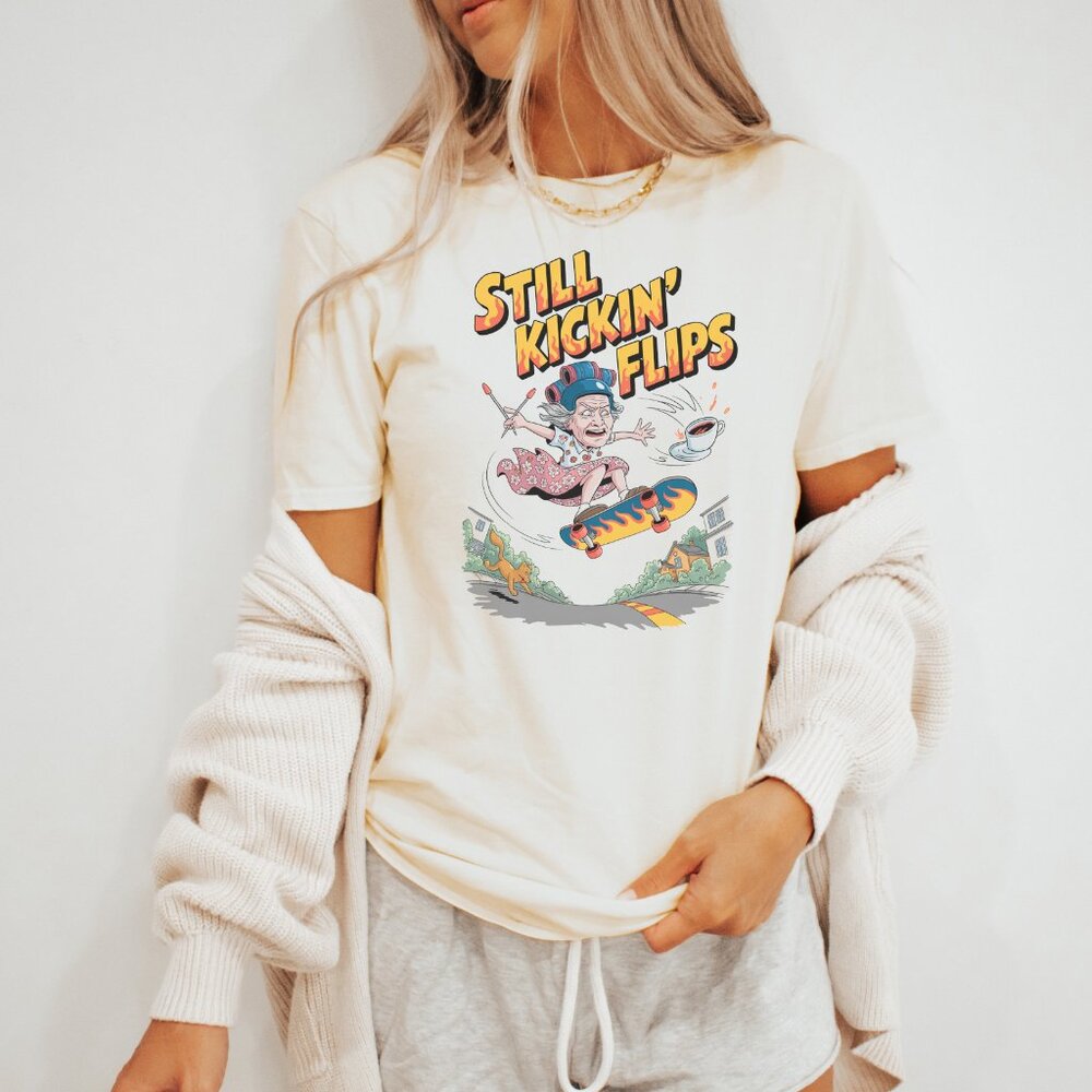 Still Kickin Flips Funny Grandma Skateboarding Graphic T Shirt Gift - Picture 3 of 6